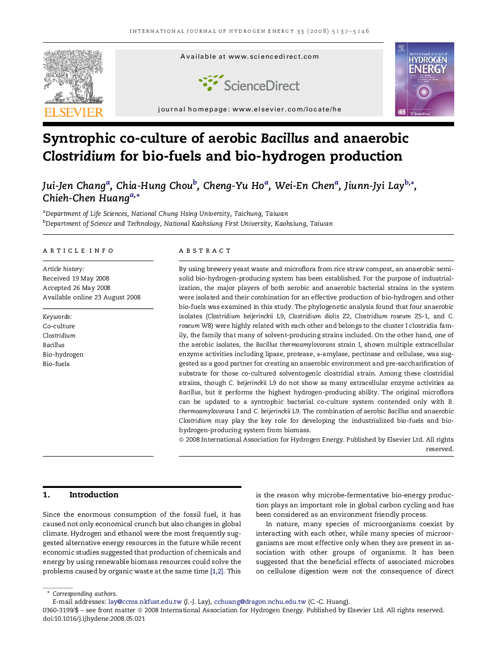 Syntrophic co-culture of aerobic Bacillus and anaerobic Clostridium for bio-fuels and bio-hydrogen production