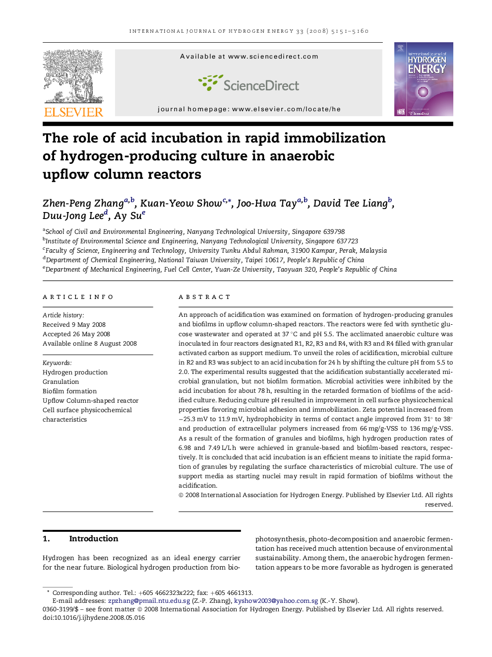 The role of acid incubation in rapid immobilization of hydrogen-producing culture in anaerobic upflow column reactors