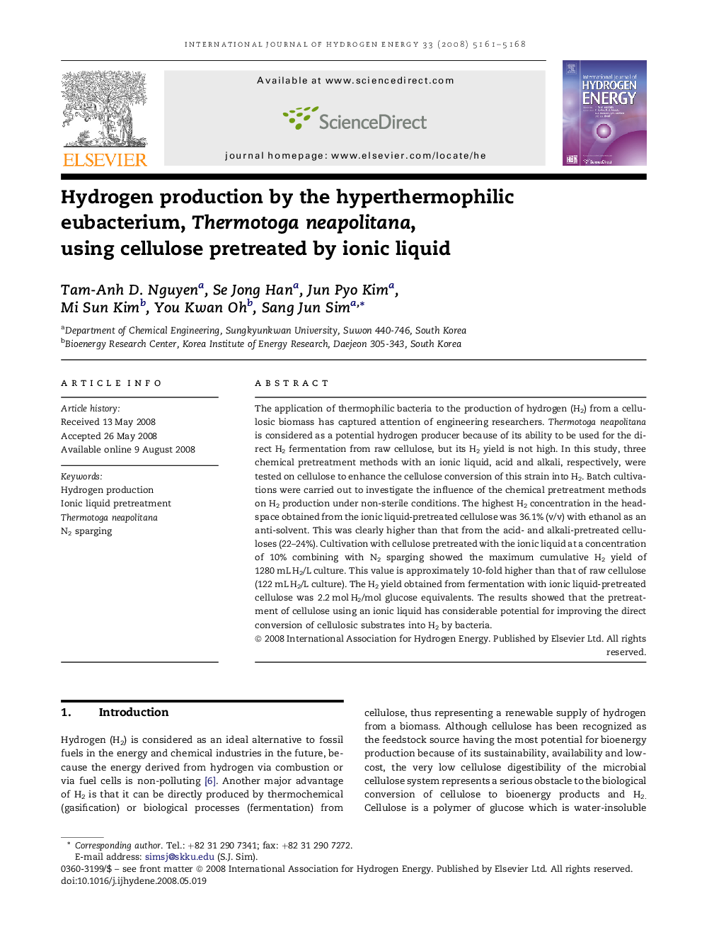 Hydrogen production by the hyperthermophilic eubacterium, Thermotoga neapolitana, using cellulose pretreated by ionic liquid