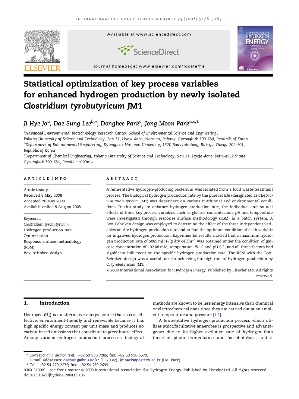 Statistical optimization of key process variables for enhanced hydrogen production by newly isolated Clostridium tyrobutyricum JM1