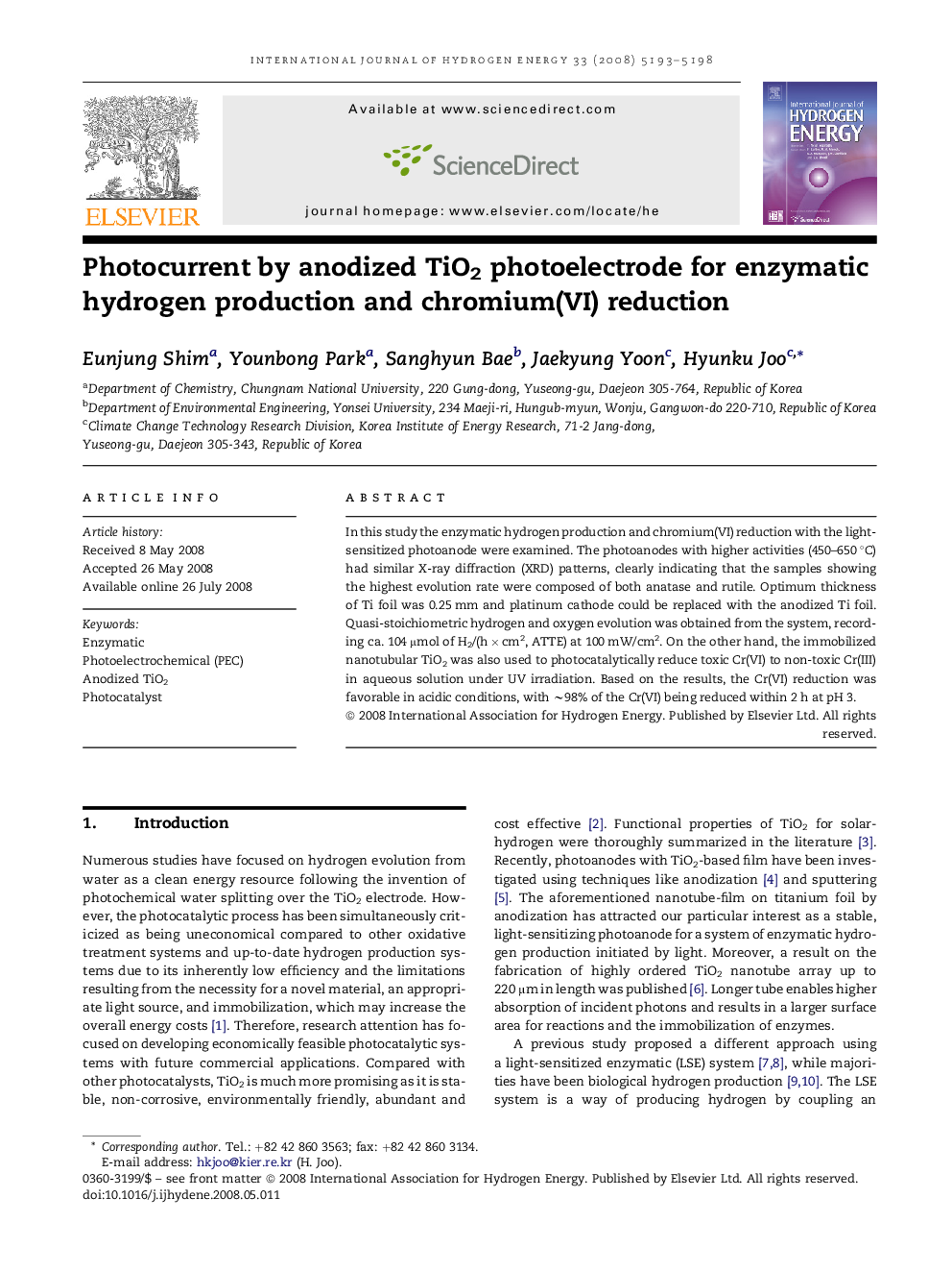 Photocurrent by anodized TiO2 photoelectrode for enzymatic hydrogen production and chromium(VI) reduction