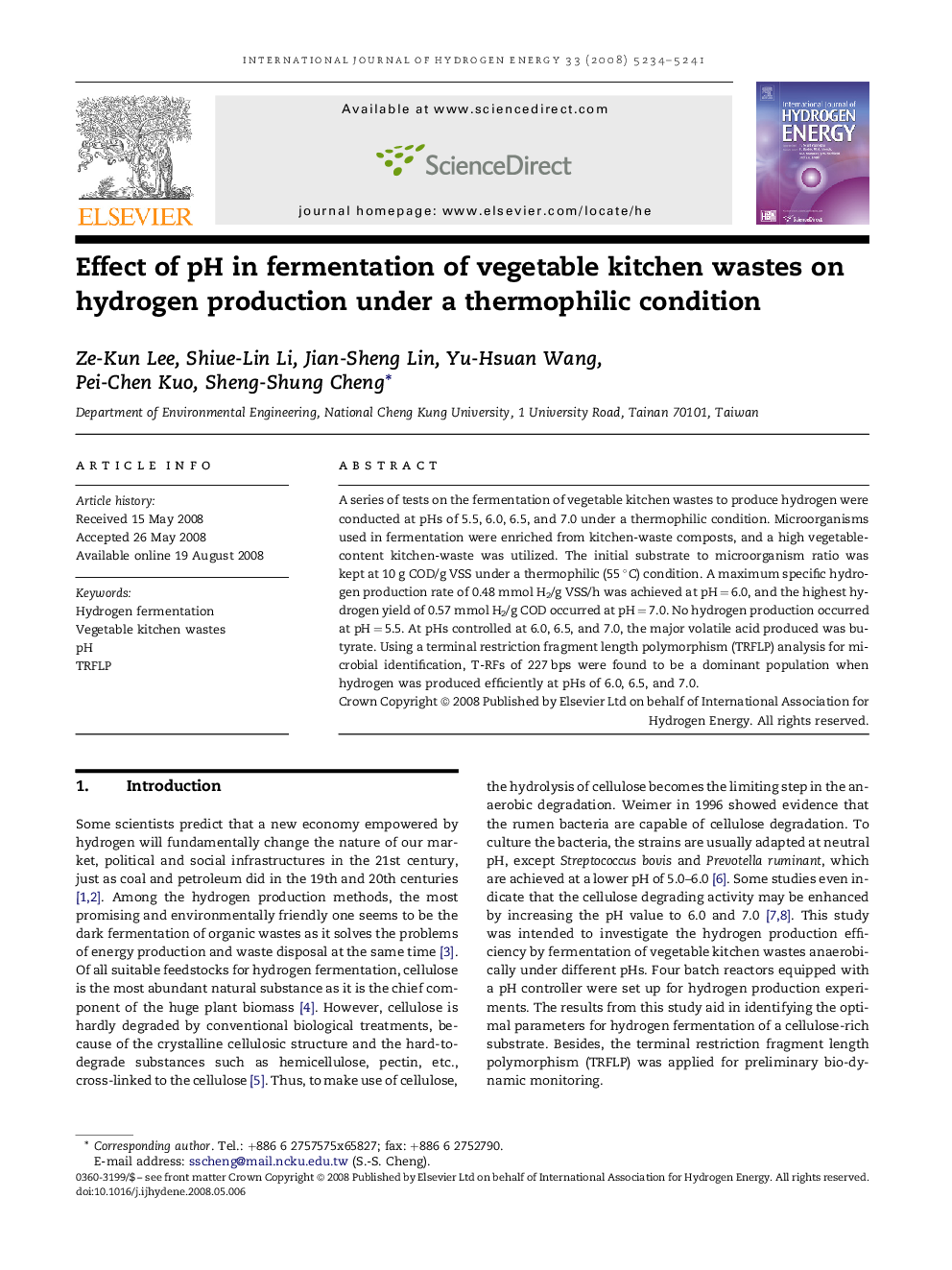 Effect of pH in fermentation of vegetable kitchen wastes on hydrogen production under a thermophilic condition