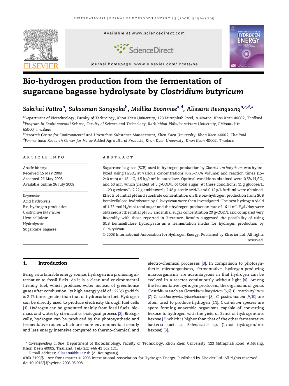 Bio-hydrogen production from the fermentation of sugarcane bagasse hydrolysate by Clostridium butyricum