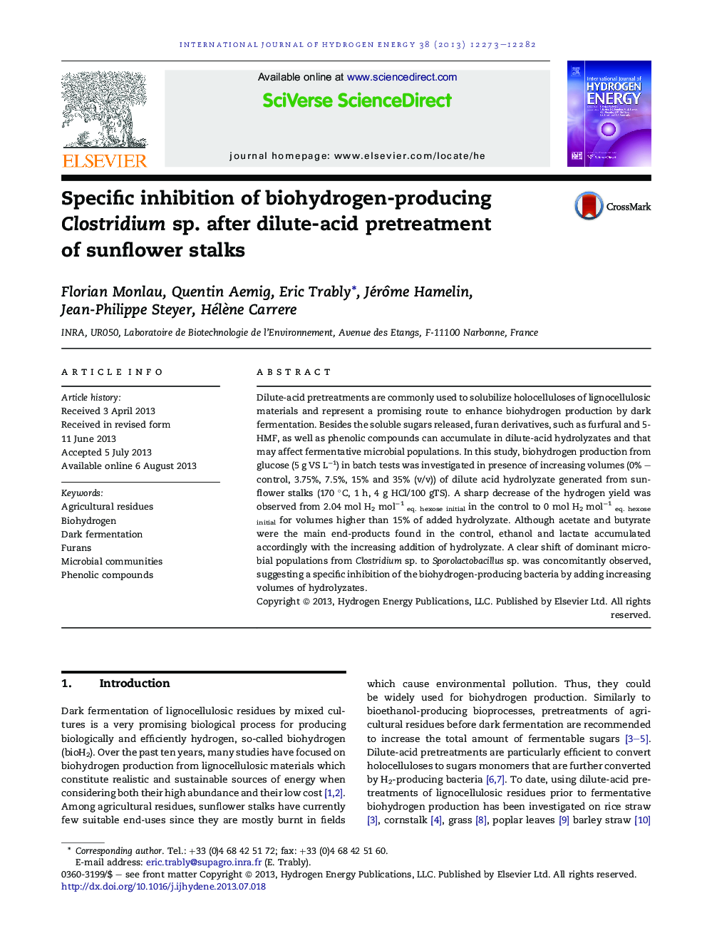 Specific inhibition of biohydrogen-producing Clostridium sp. after dilute-acid pretreatment of sunflower stalks