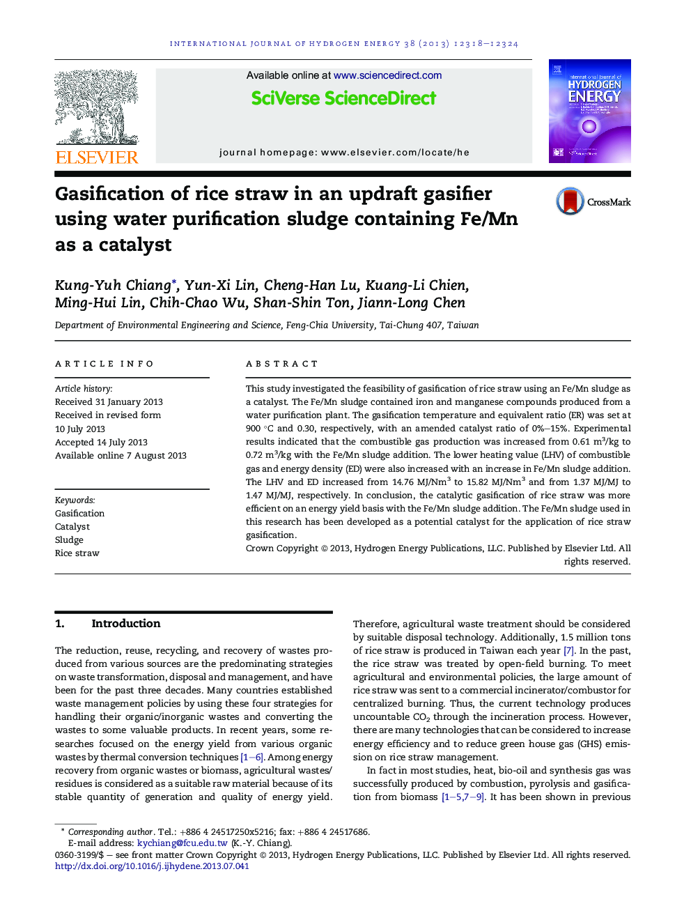 Gasification of rice straw in an updraft gasifier using water purification sludge containing Fe/Mn as a catalyst