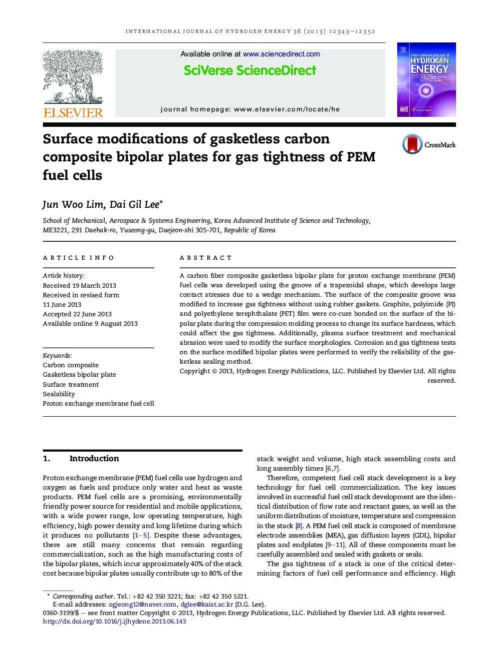 Surface modifications of gasketless carbon composite bipolar plates for gas tightness of PEM fuel cells