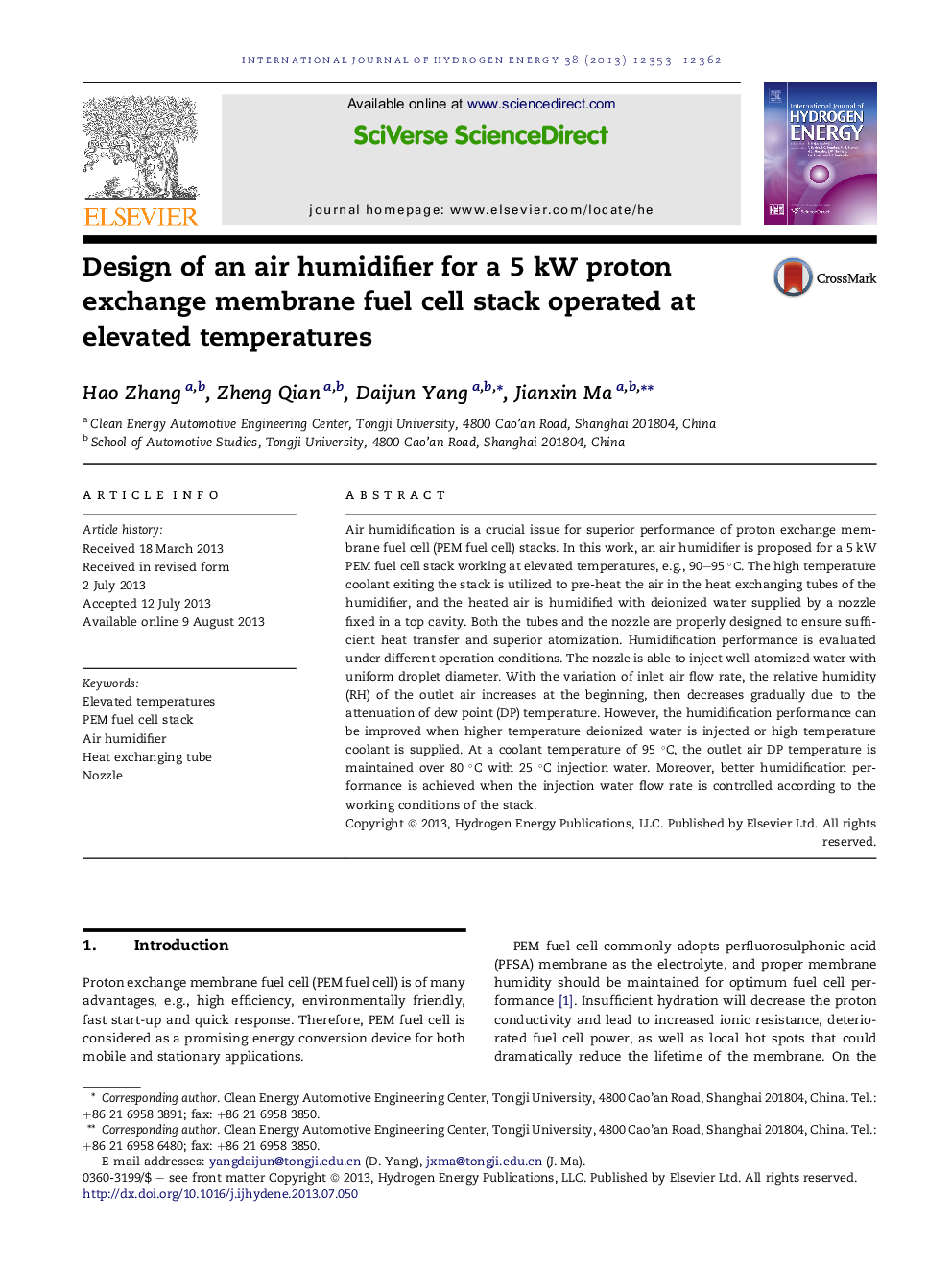 Design of an air humidifier for a 5 kW proton exchange membrane fuel cell stack operated at elevated temperatures