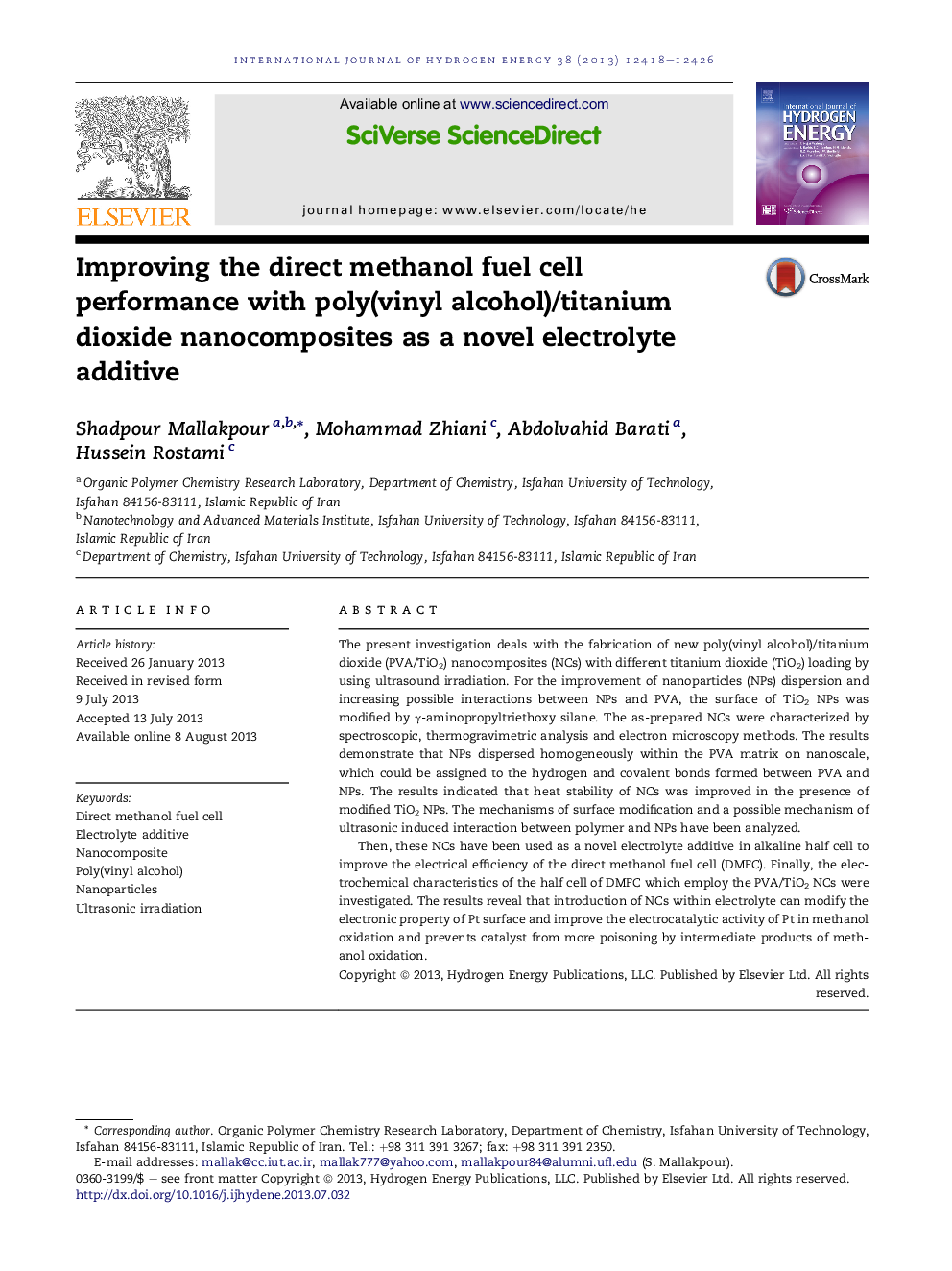 Improving the direct methanol fuel cell performance with poly(vinyl alcohol)/titanium dioxide nanocomposites as a novel electrolyte additive