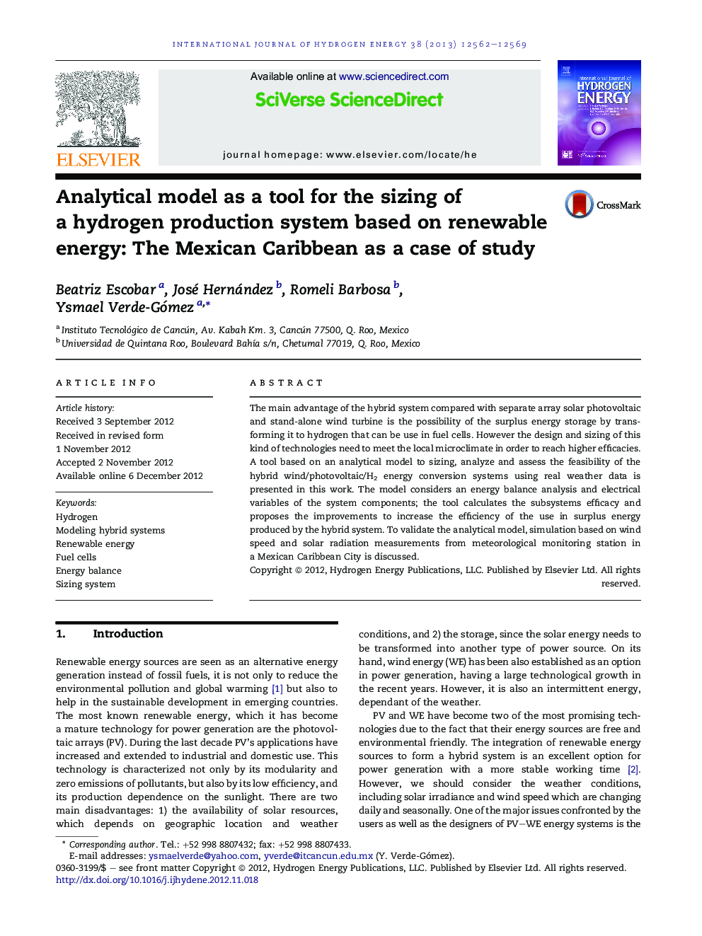 Analytical model as a tool for the sizing of a hydrogen production system based on renewable energy: The Mexican Caribbean as a case of study