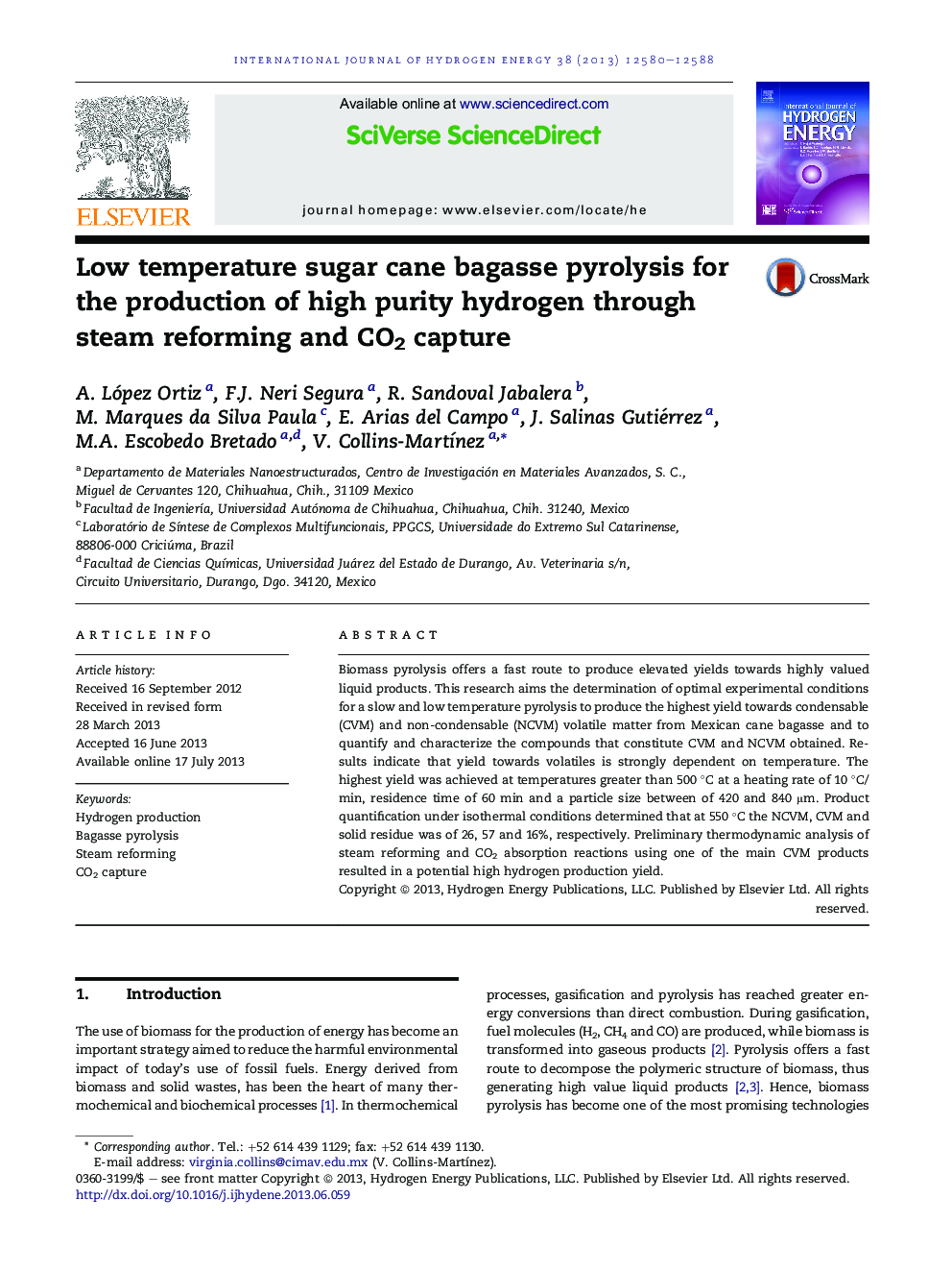 Low temperature sugar cane bagasse pyrolysis for the production of high purity hydrogen through steam reforming and CO2 capture