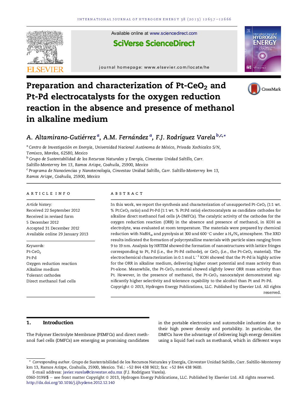 Preparation and characterization of Pt-CeO2 and Pt-Pd electrocatalysts for the oxygen reduction reaction in the absence and presence of methanol in alkaline medium