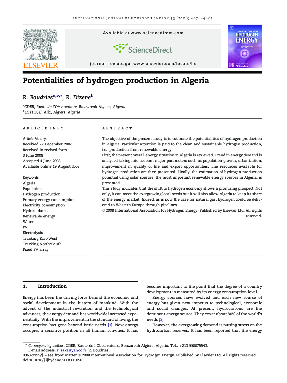 Potentialities of hydrogen production in Algeria