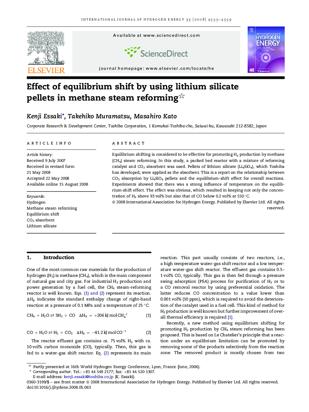 Effect of equilibrium shift by using lithium silicate pellets in methane steam reforming 