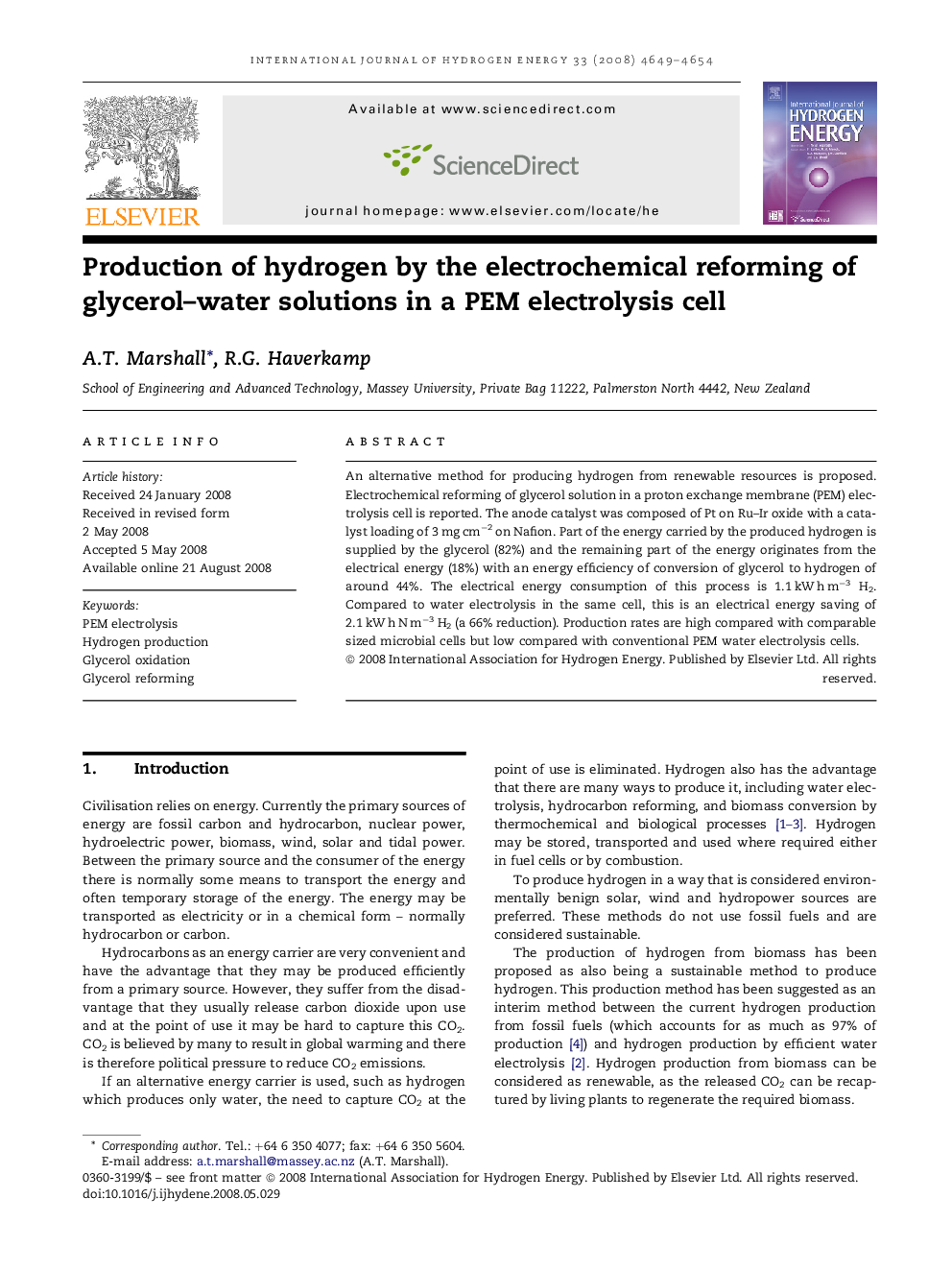 Production of hydrogen by the electrochemical reforming of glycerol–water solutions in a PEM electrolysis cell