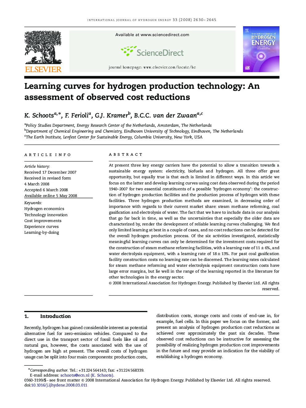 Learning curves for hydrogen production technology: An assessment of observed cost reductions