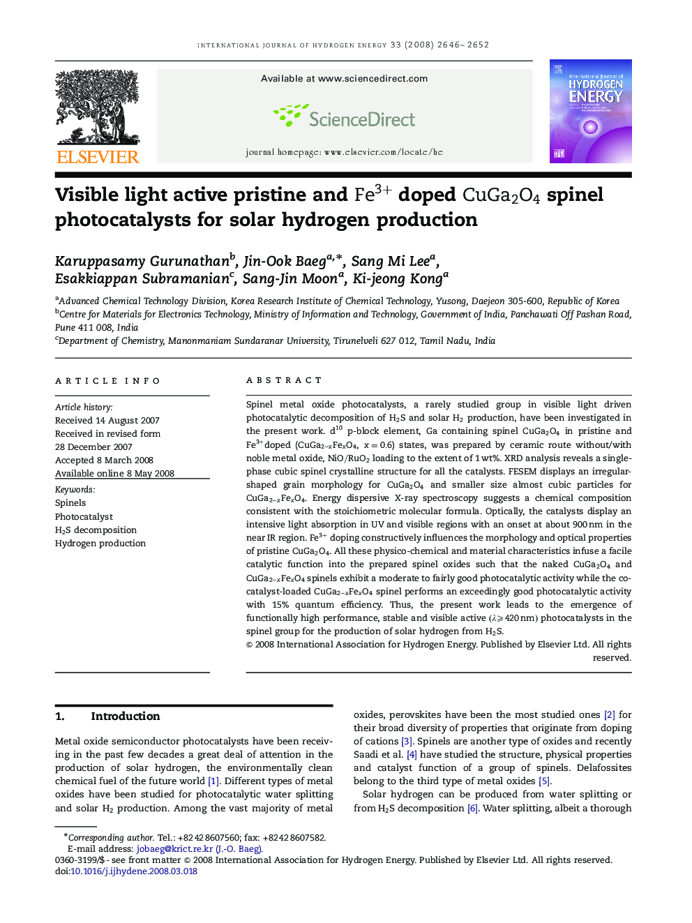 Visible light active pristine and Fe3+Fe3+ doped CuGa2O4CuGa2O4 spinel photocatalysts for solar hydrogen production