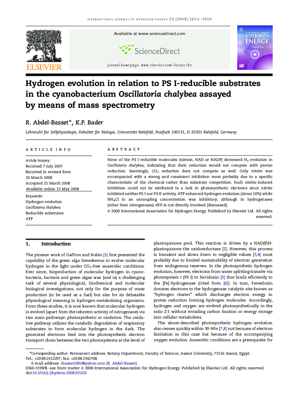 Hydrogen evolution in relation to PS I-reducible substrates in the cyanobacterium Oscillatoria chalybea assayed by means of mass spectrometry