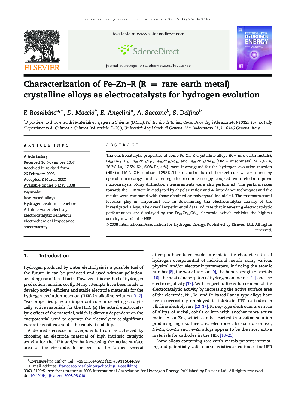 Characterization of Fe–Zn–R (R = rare earth metal) crystalline alloys as electrocatalysts for hydrogen evolution