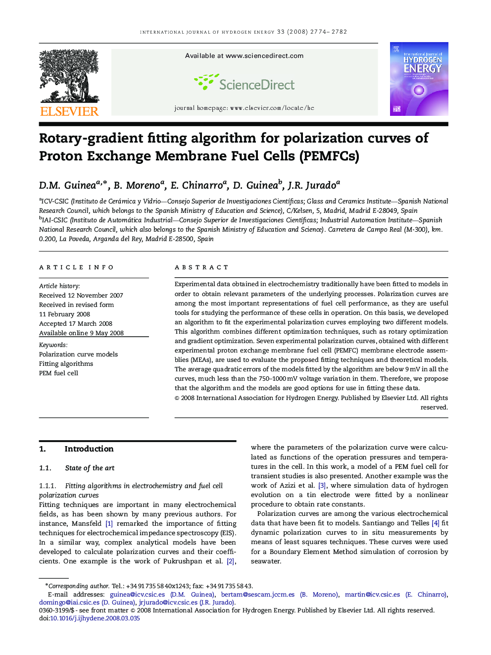 Rotary-gradient fitting algorithm for polarization curves of Proton Exchange Membrane Fuel Cells (PEMFCs)