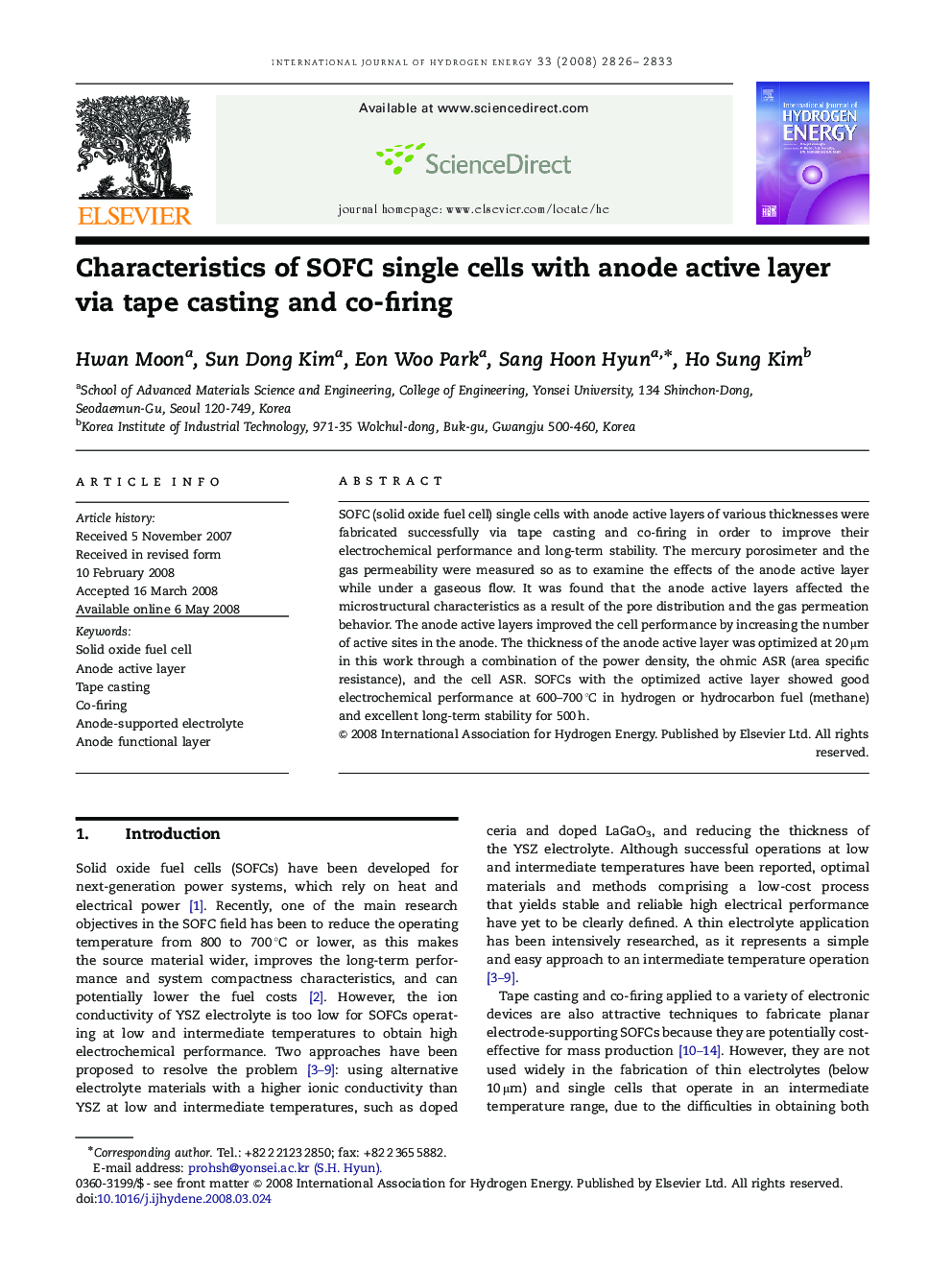 Characteristics of SOFC single cells with anode active layer via tape casting and co-firing