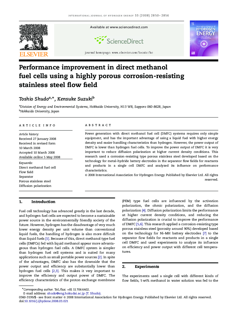 Performance improvement in direct methanol fuel cells using a highly porous corrosion-resisting stainless steel flow field