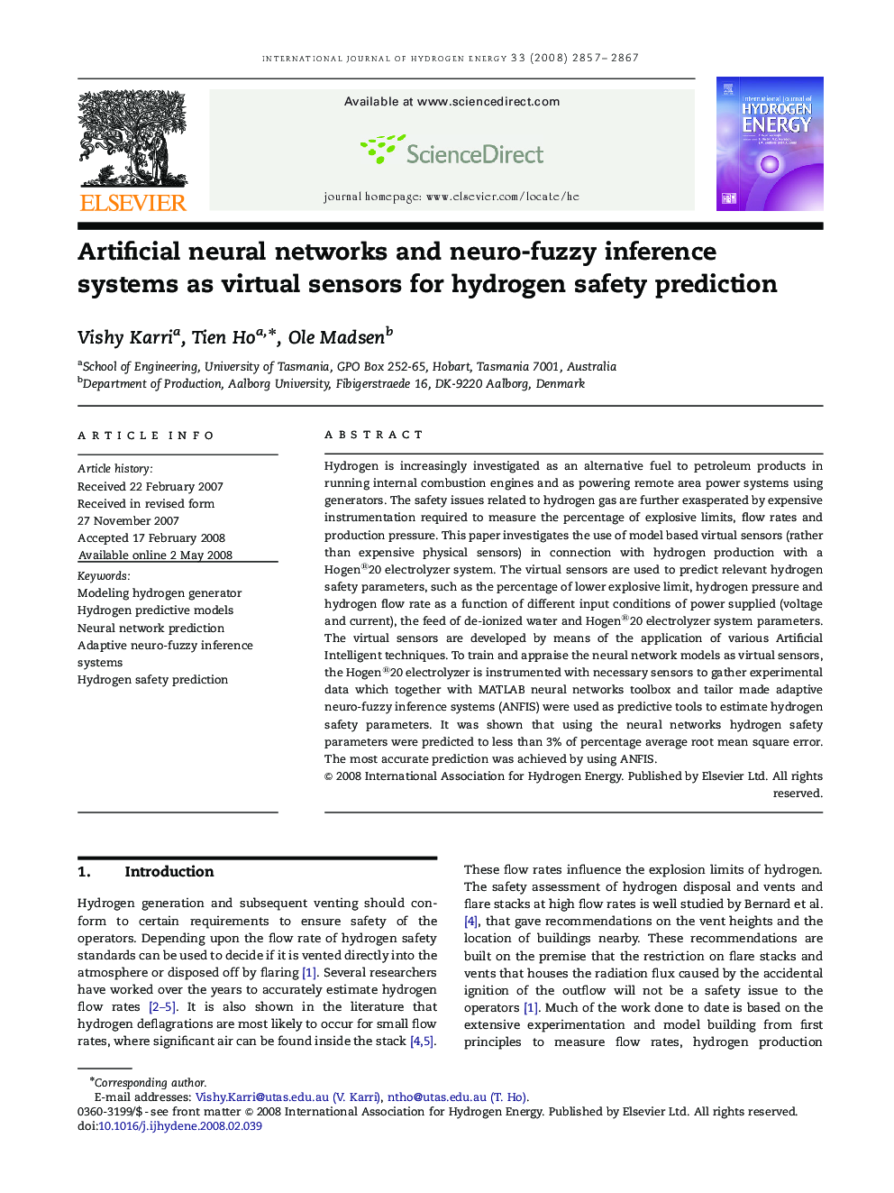 Artificial neural networks and neuro-fuzzy inference systems as virtual sensors for hydrogen safety prediction