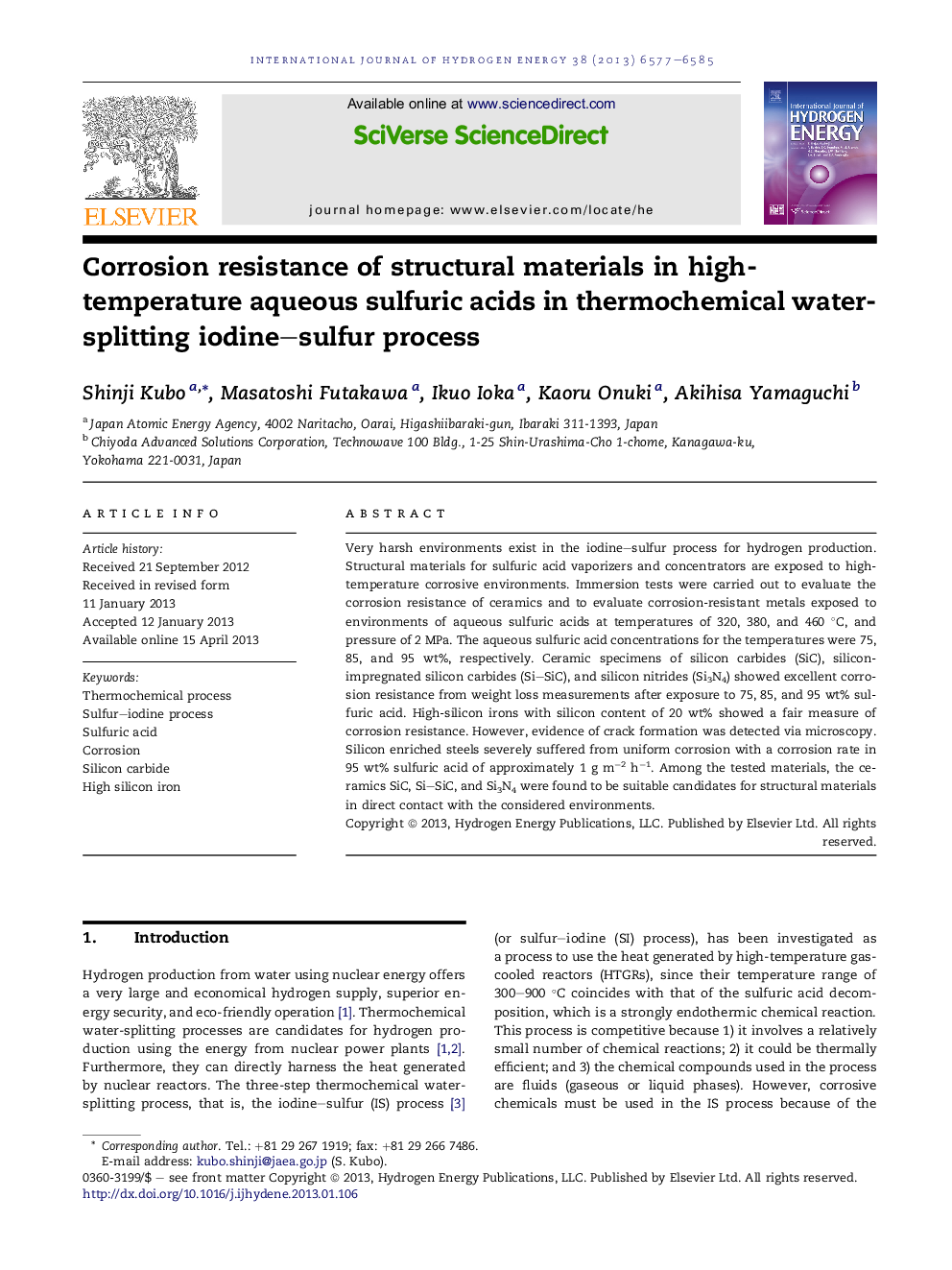 عکس صفحه اول مقاله: Corrosion resistance of structural materials in high-temperature aqueous sulfuric acids in thermochemical water-splitting iodine–sulfur process Corrosion resistance of structural materials in high-temperature aqueous sulfuric acids in thermochemical water-splitting iodine–sulfur process