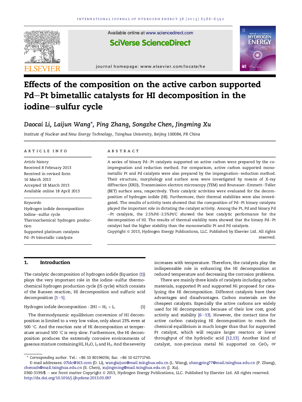 Effects of the composition on the active carbon supported Pd–Pt bimetallic catalysts for HI decomposition in the iodine–sulfur cycle