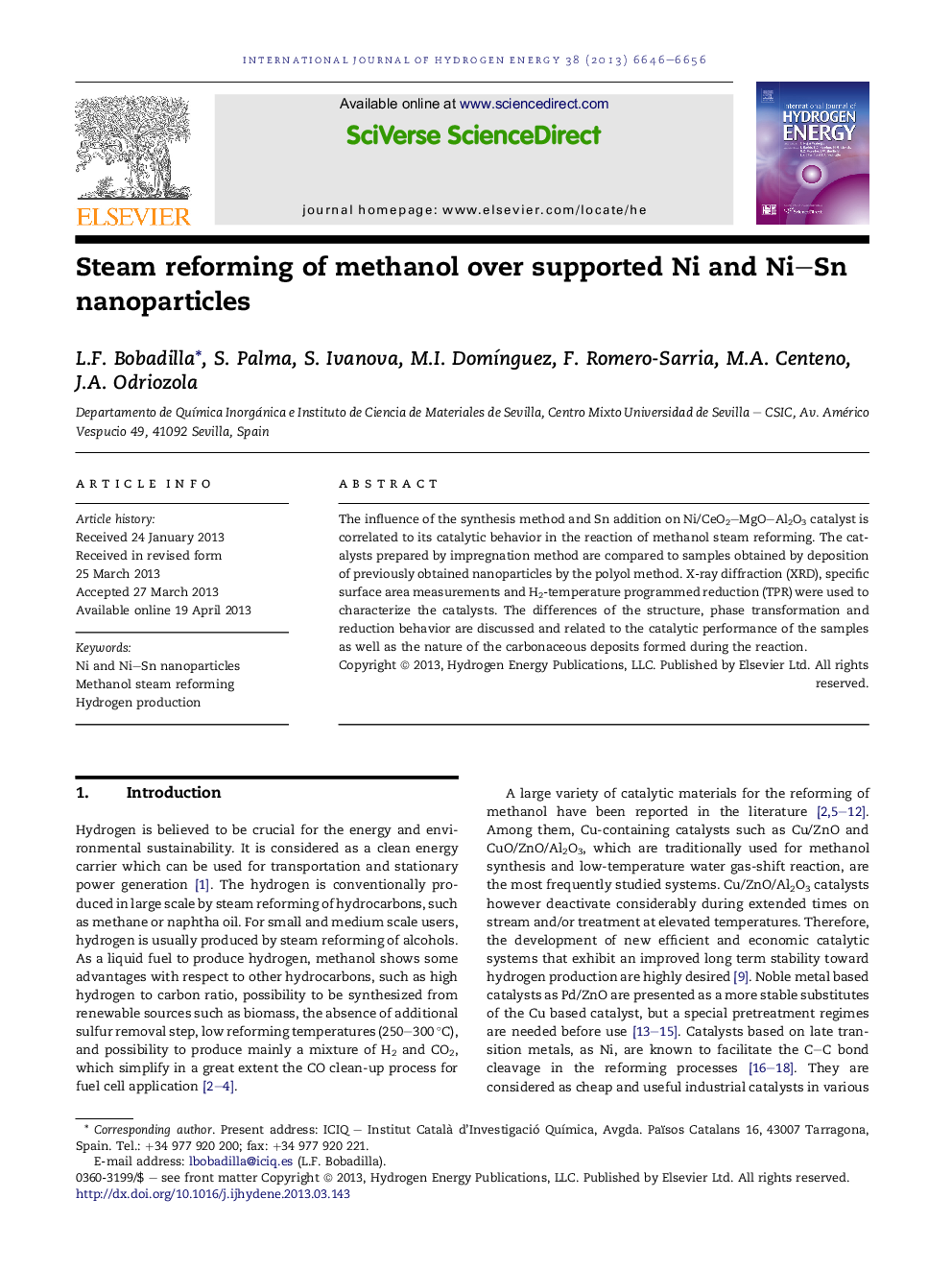 Steam reforming of methanol over supported Ni and Ni–Sn nanoparticles