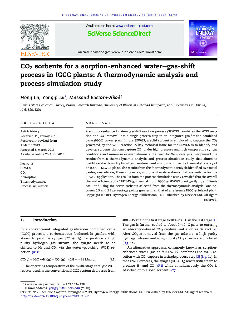 CO2 sorbents for a sorption-enhanced water–gas-shift process in IGCC plants: A thermodynamic analysis and process simulation study