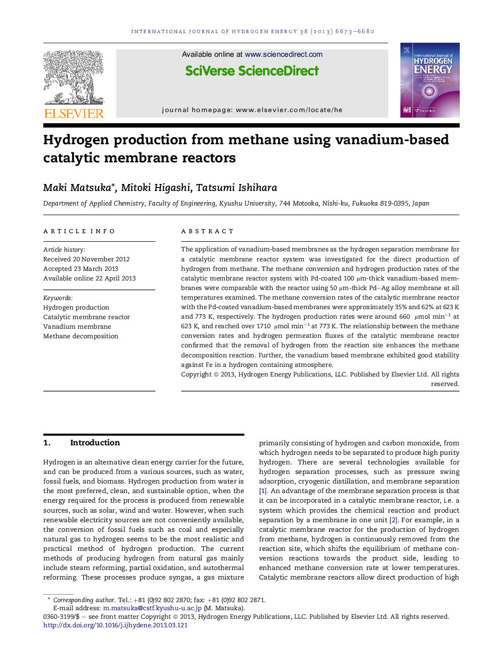 Hydrogen production from methane using vanadium-based catalytic membrane reactors