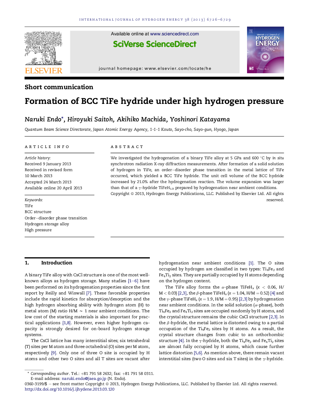 Formation of BCC TiFe hydride under high hydrogen pressure