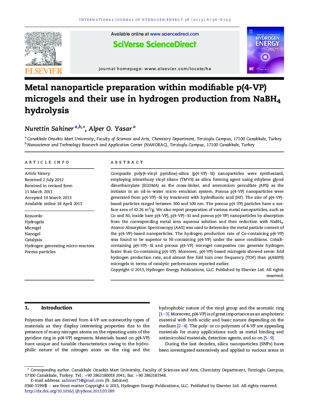 Metal nanoparticle preparation within modifiable p(4-VP) microgels and their use in hydrogen production from NaBH4 hydrolysis