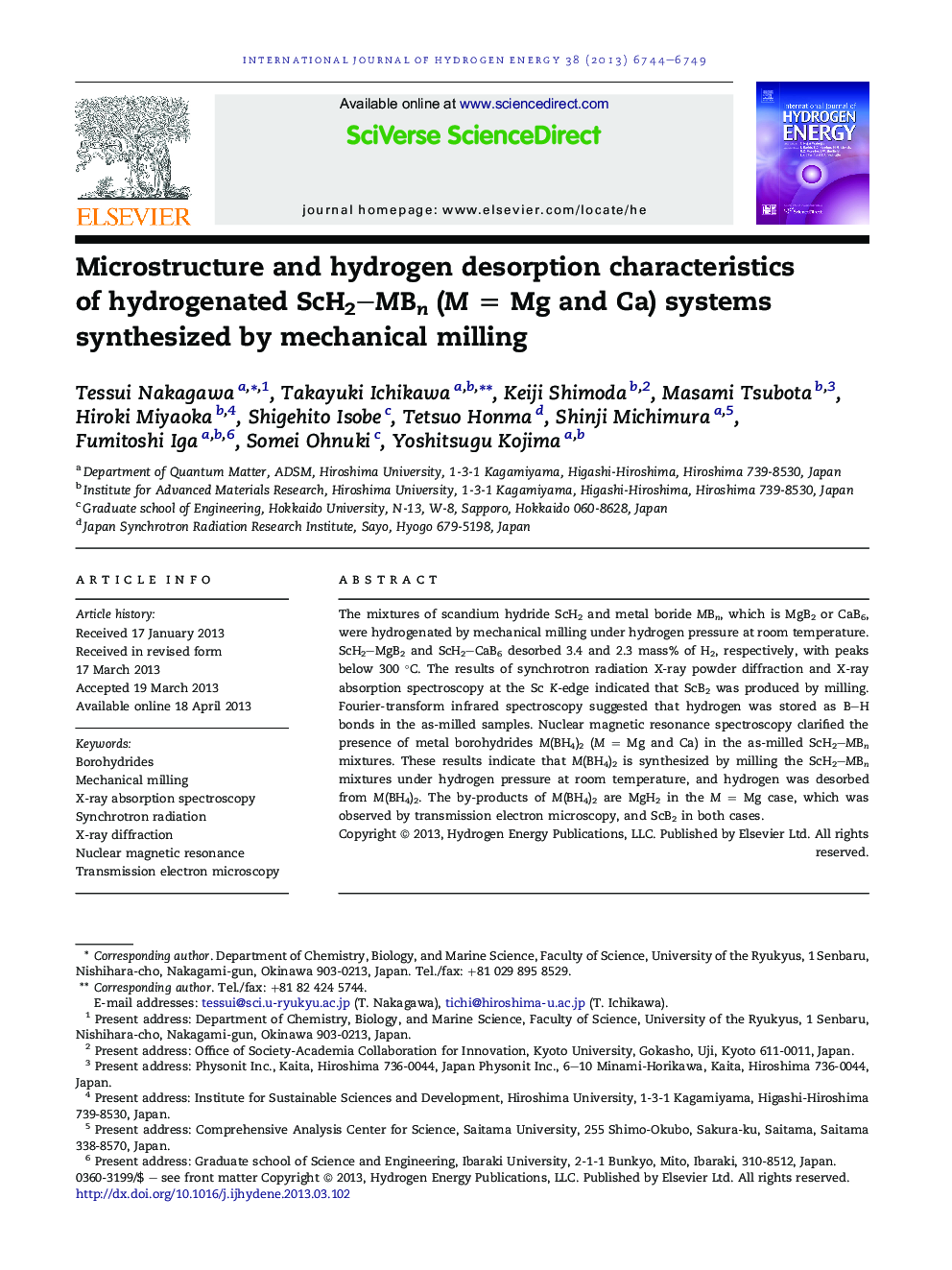 Microstructure and hydrogen desorption characteristics of hydrogenated ScH2–MBn (M = Mg and Ca) systems synthesized by mechanical milling