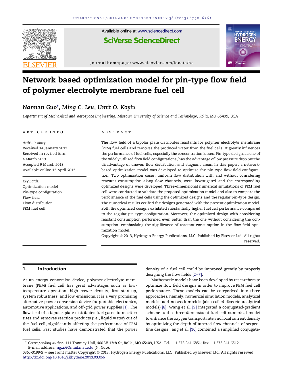 Network based optimization model for pin-type flow field of polymer electrolyte membrane fuel cell