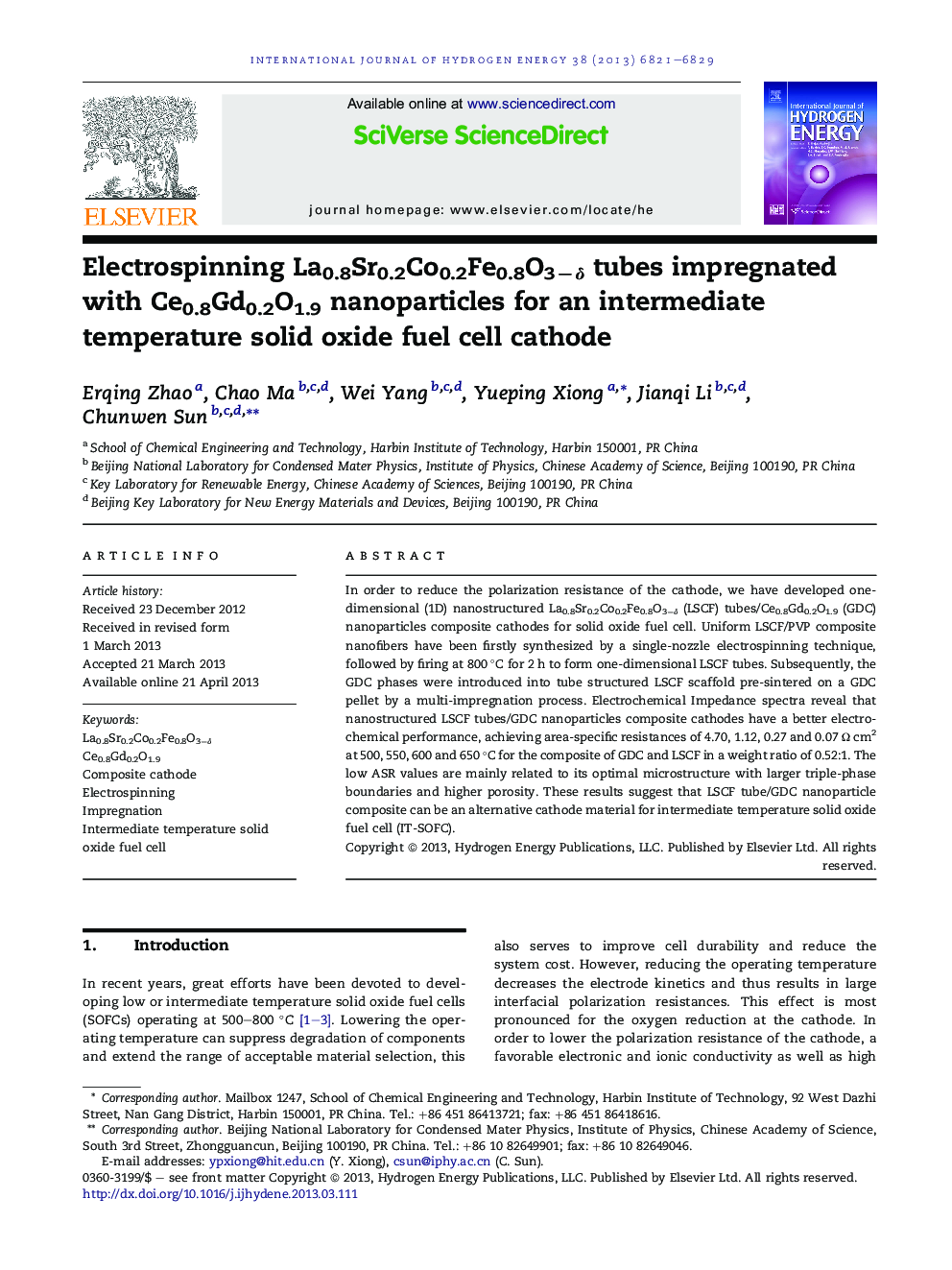 Electrospinning La0.8Sr0.2Co0.2Fe0.8O3−δ tubes impregnated with Ce0.8Gd0.2O1.9 nanoparticles for an intermediate temperature solid oxide fuel cell cathode