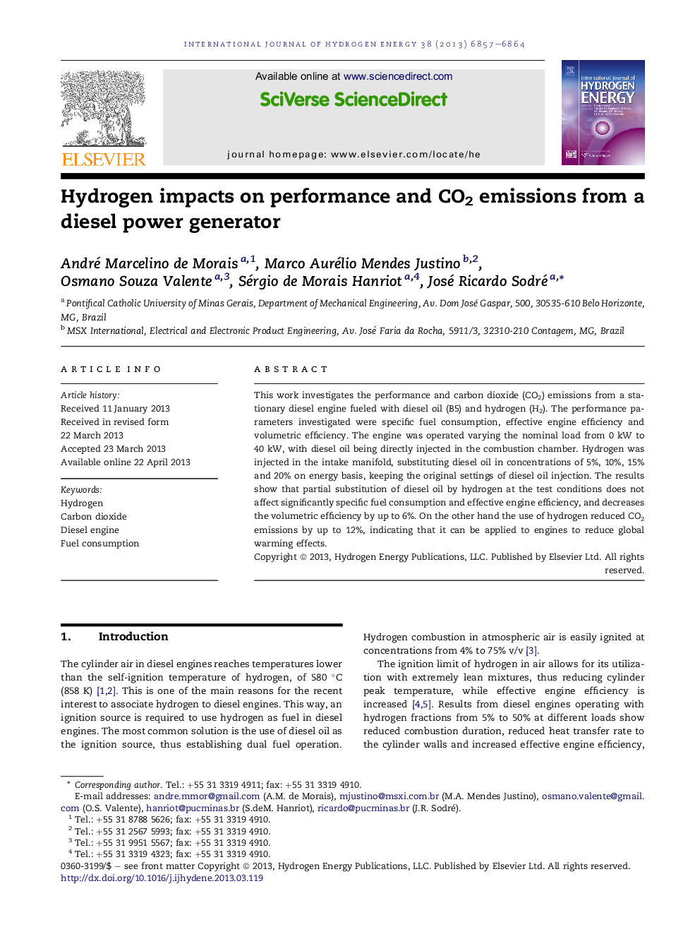 Hydrogen impacts on performance and CO2 emissions from a diesel power generator