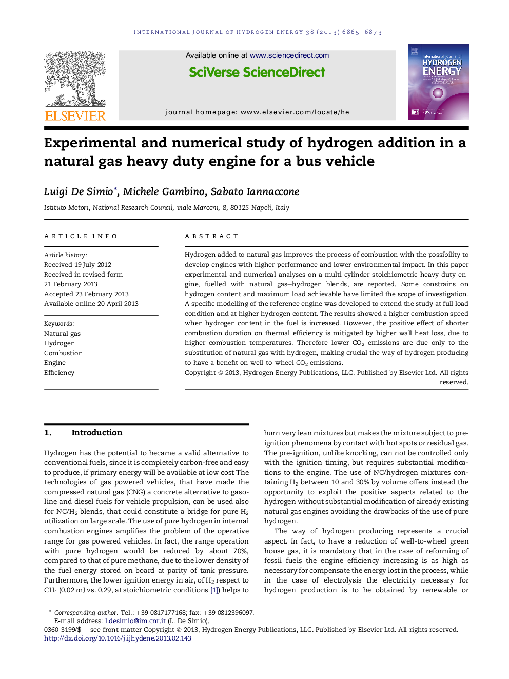 Experimental and numerical study of hydrogen addition in a natural gas heavy duty engine for a bus vehicle