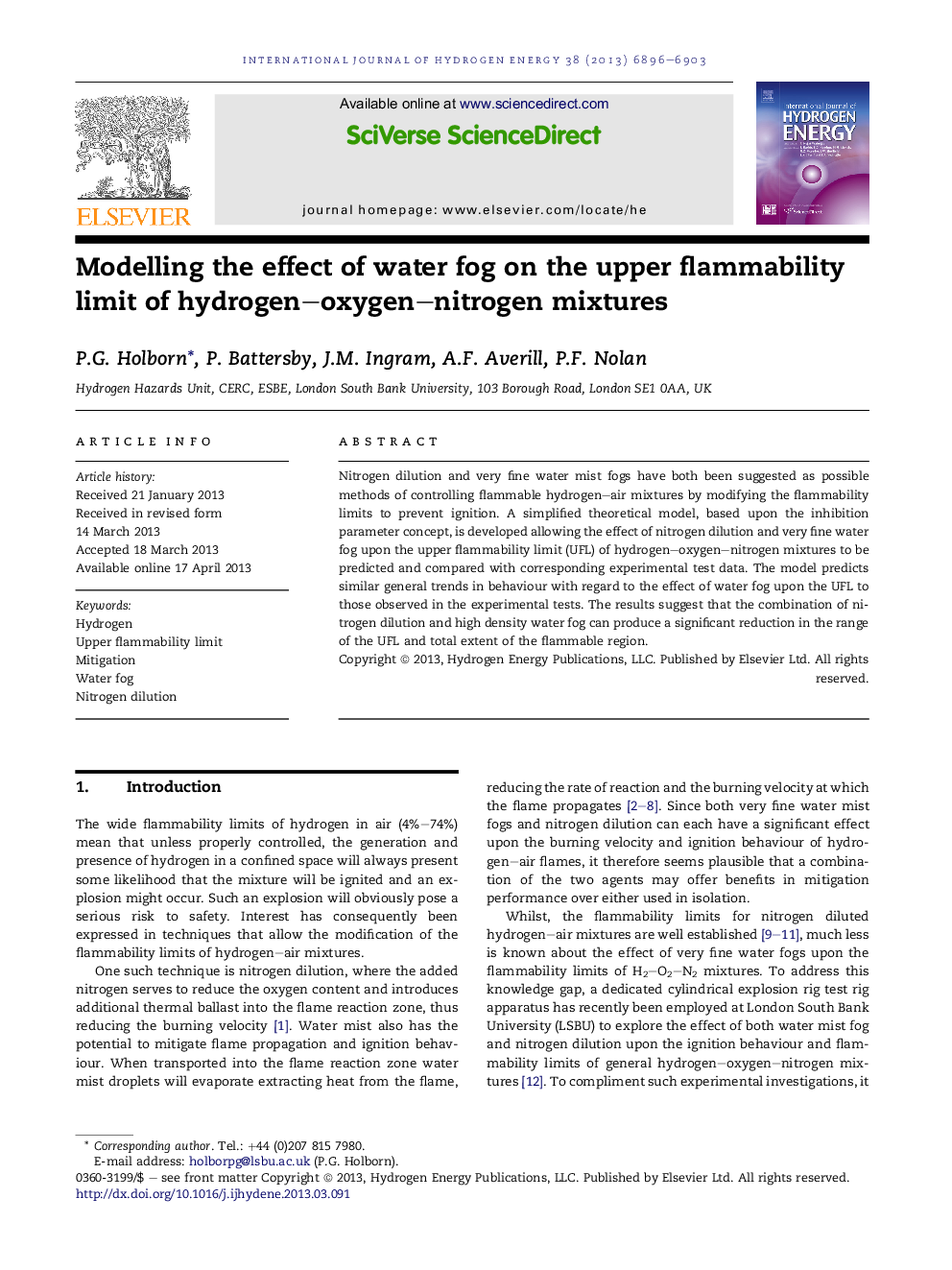 Modelling the effect of water fog on the upper flammability limit of hydrogen–oxygen–nitrogen mixtures