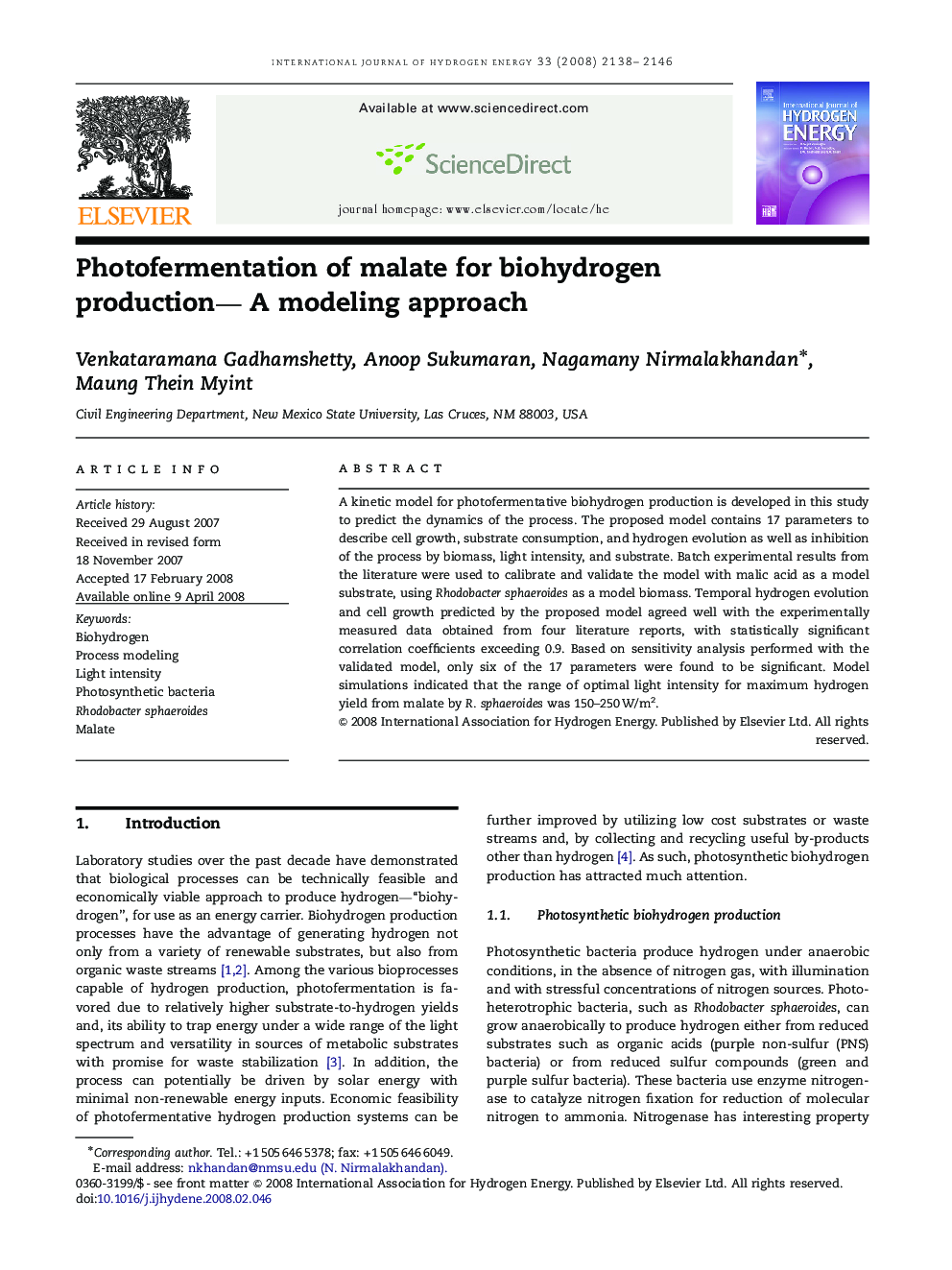 Photofermentation of malate for biohydrogen production— A modeling approach