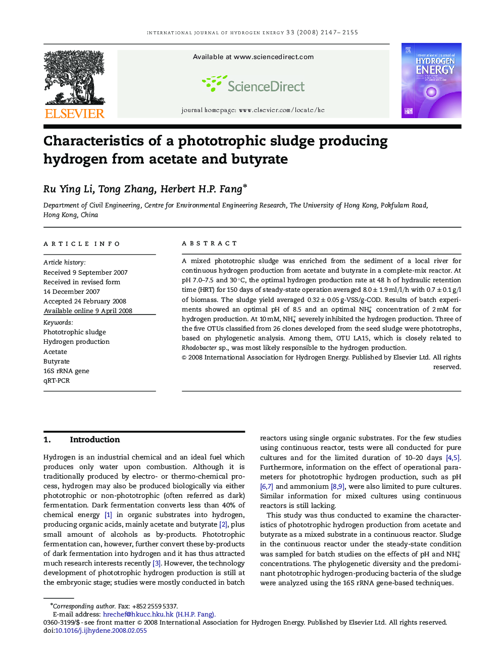 Characteristics of a phototrophic sludge producing hydrogen from acetate and butyrate