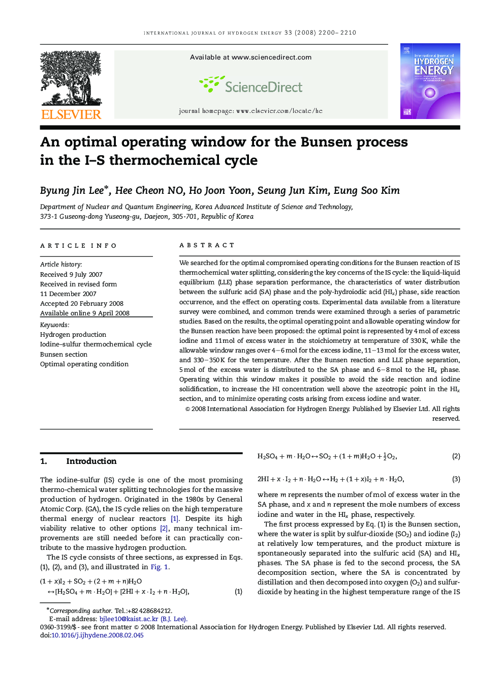 An optimal operating window for the Bunsen process in the I–S thermochemical cycle