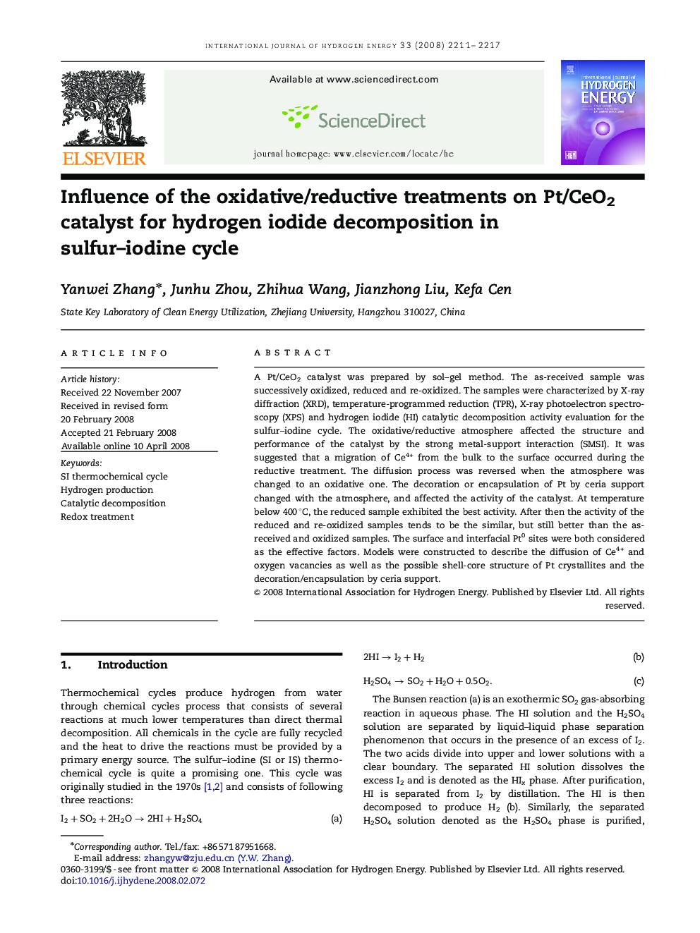 Influence of the oxidative/reductive treatments on Pt/CeO2 catalyst for hydrogen iodide decomposition in sulfur–iodine cycle