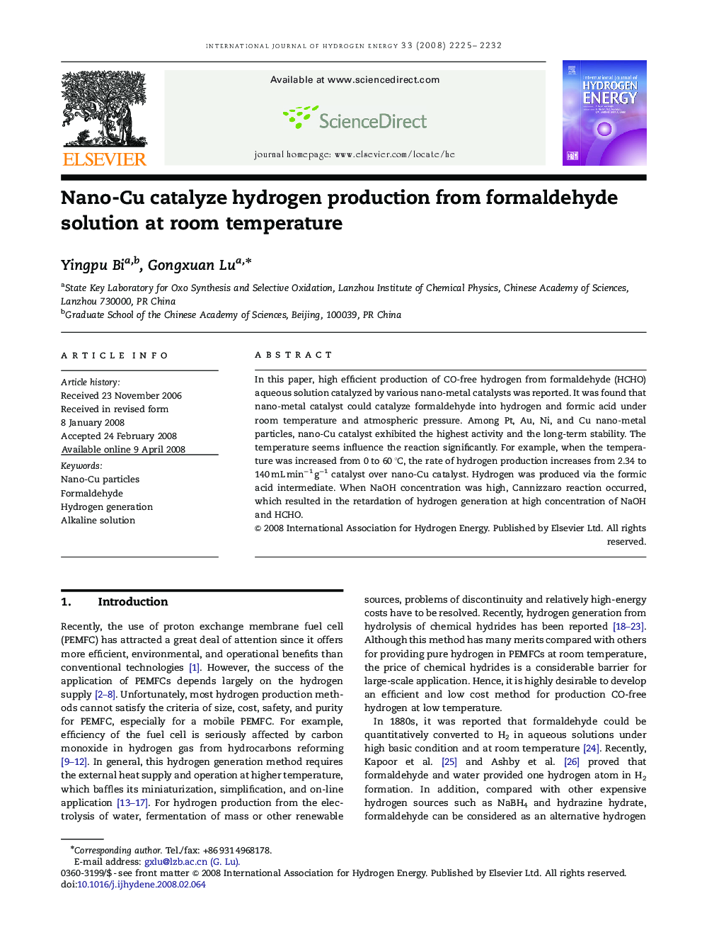 Nano-Cu catalyze hydrogen production from formaldehyde solution at room temperature