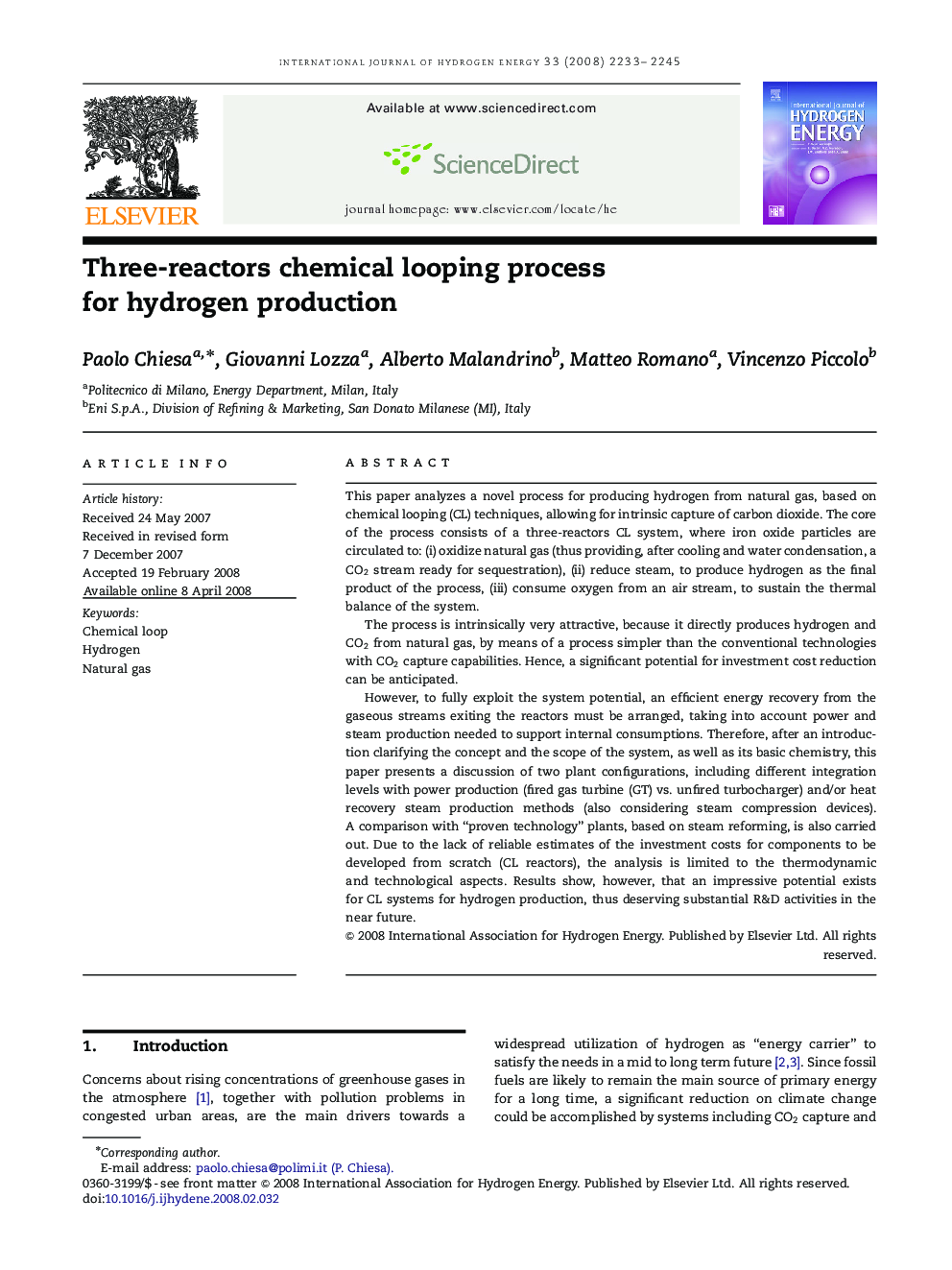 Three-reactors chemical looping process for hydrogen production