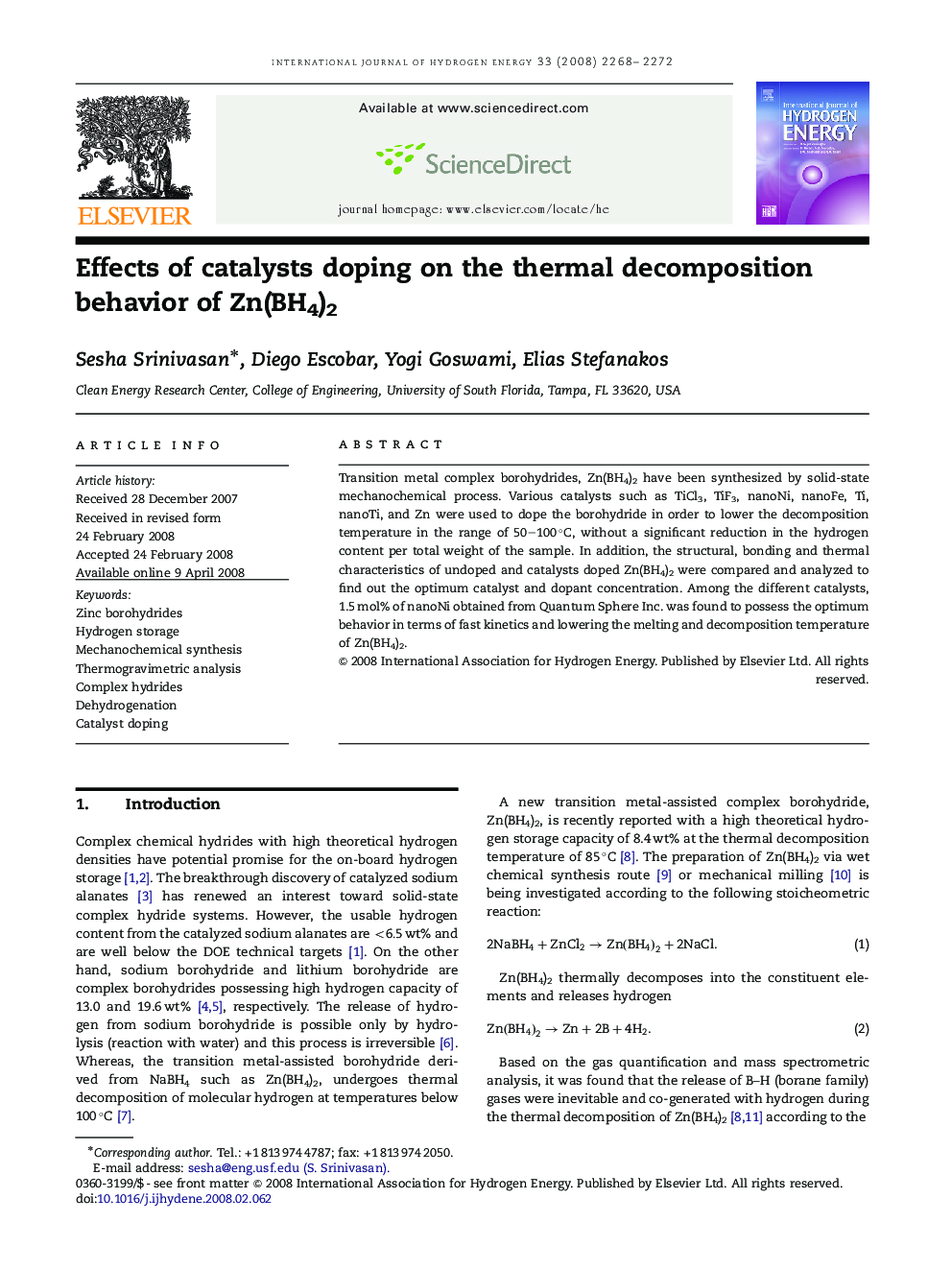 Effects of catalysts doping on the thermal decomposition behavior of Zn(BH4)2