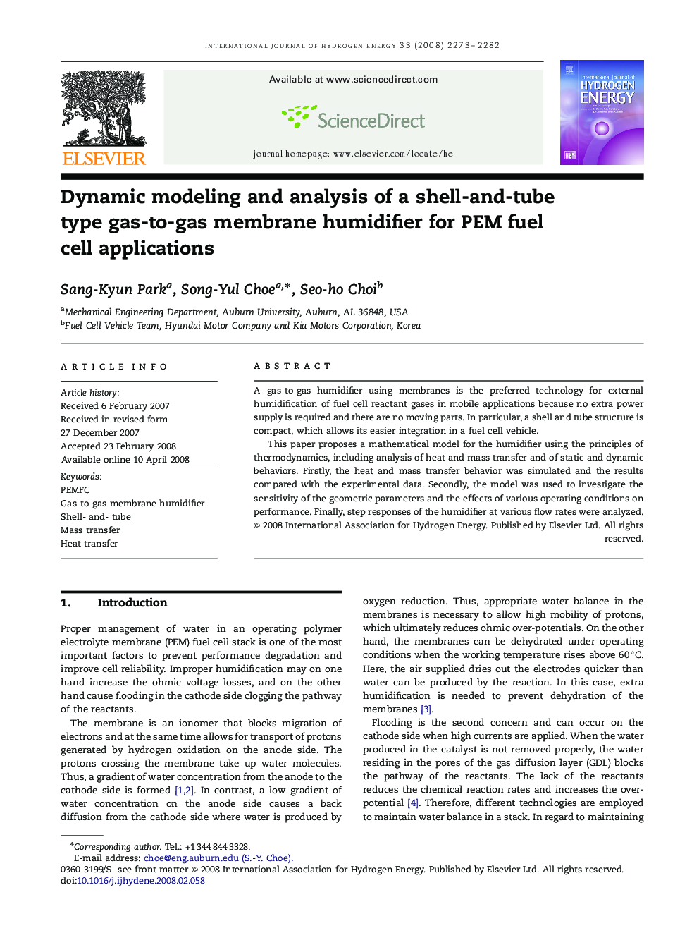 Dynamic modeling and analysis of a shell-and-tube type gas-to-gas membrane humidifier for PEM fuel cell applications