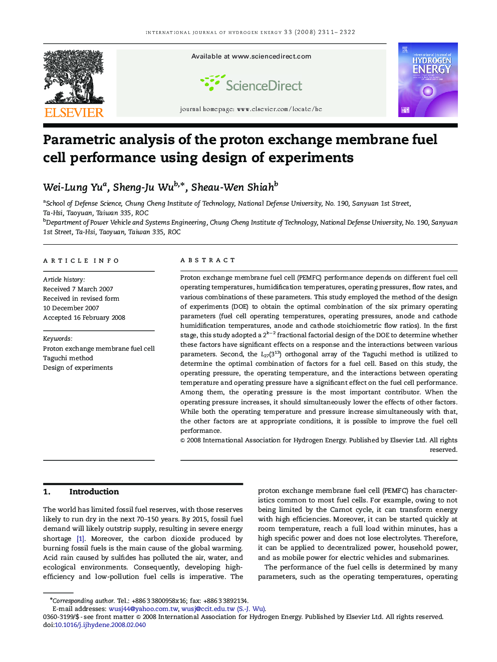 Parametric analysis of the proton exchange membrane fuel cell performance using design of experiments