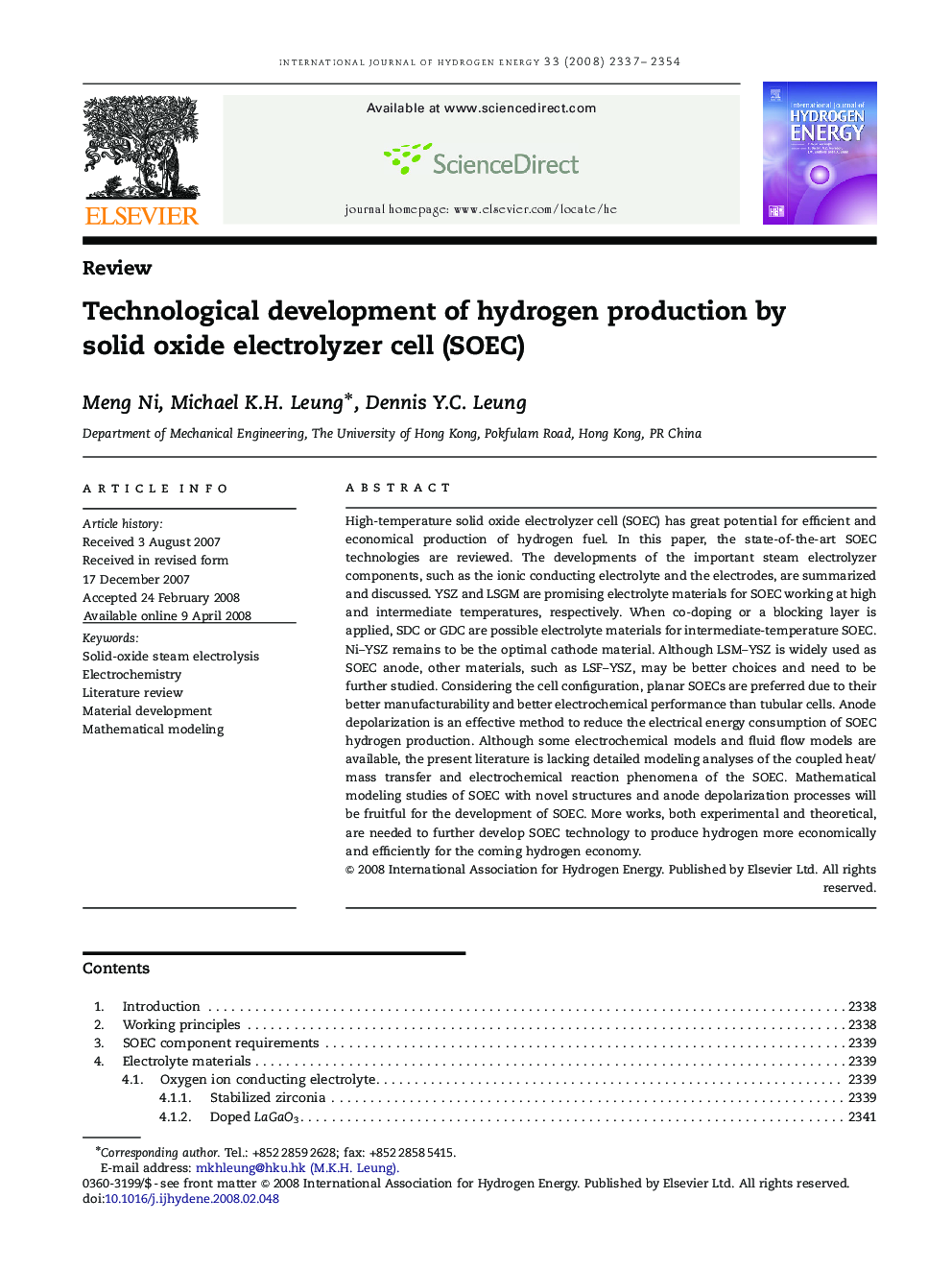 Technological development of hydrogen production by solid oxide electrolyzer cell (SOEC)