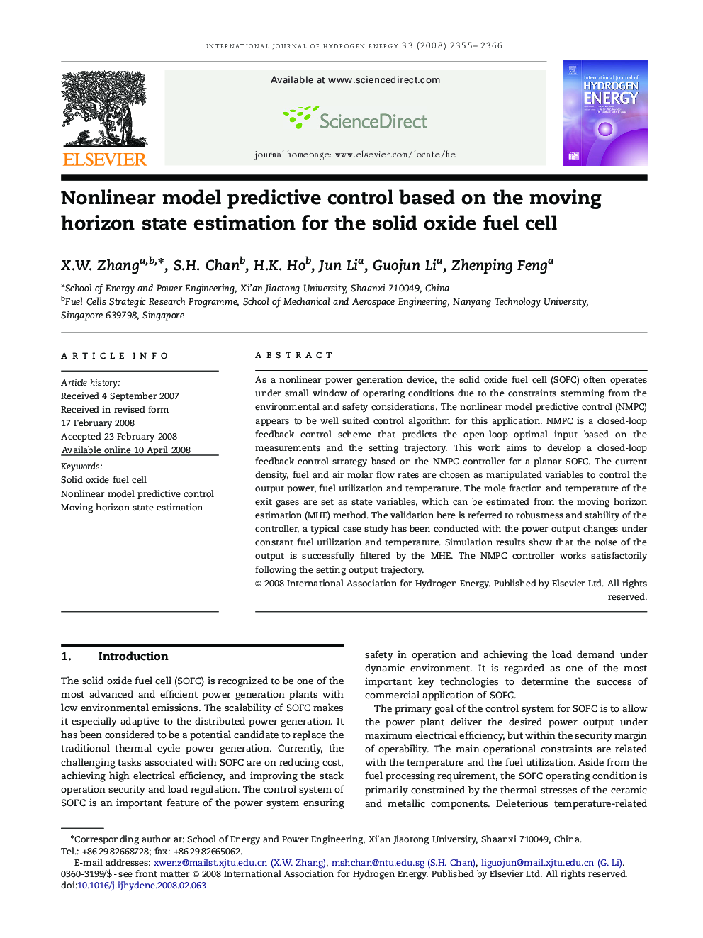 Nonlinear model predictive control based on the moving horizon state estimation for the solid oxide fuel cell